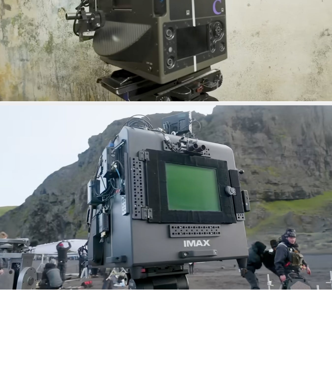 Two IMAX film cameras set up for filming, one indoors against a wall and the other outdoors on a rocky landscape with crew members in the background