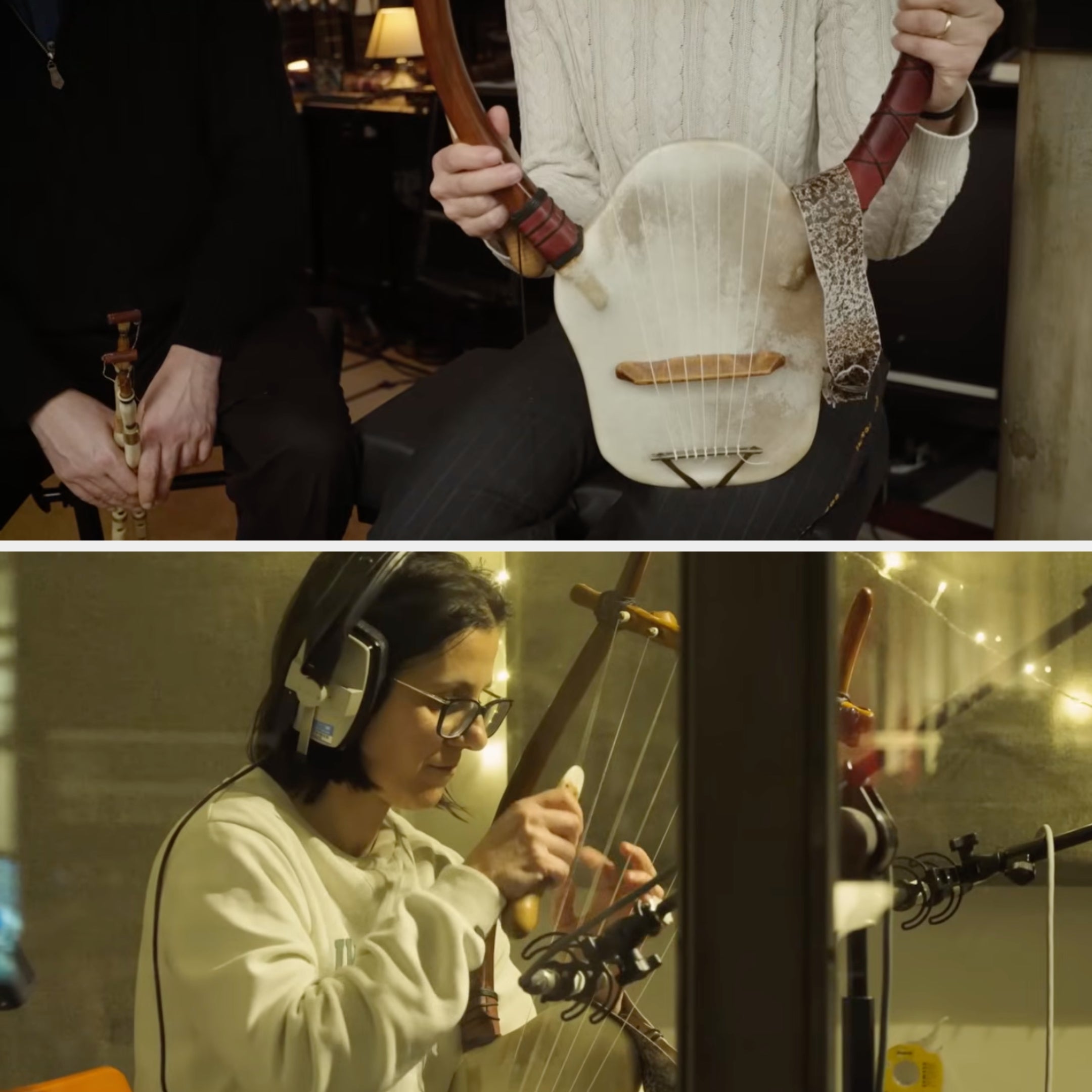 People playing stringed instruments and recording in a studio