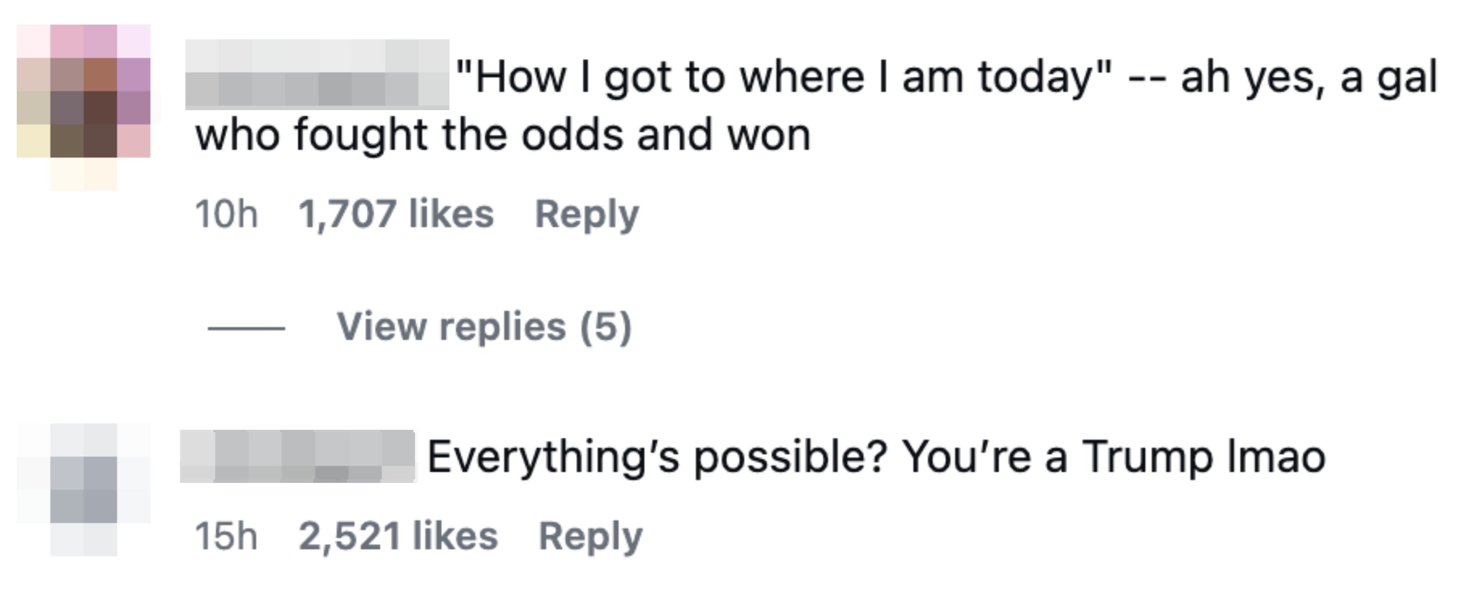 One praises resilience, mentioning odds; different sarcastically references Trump successful response
