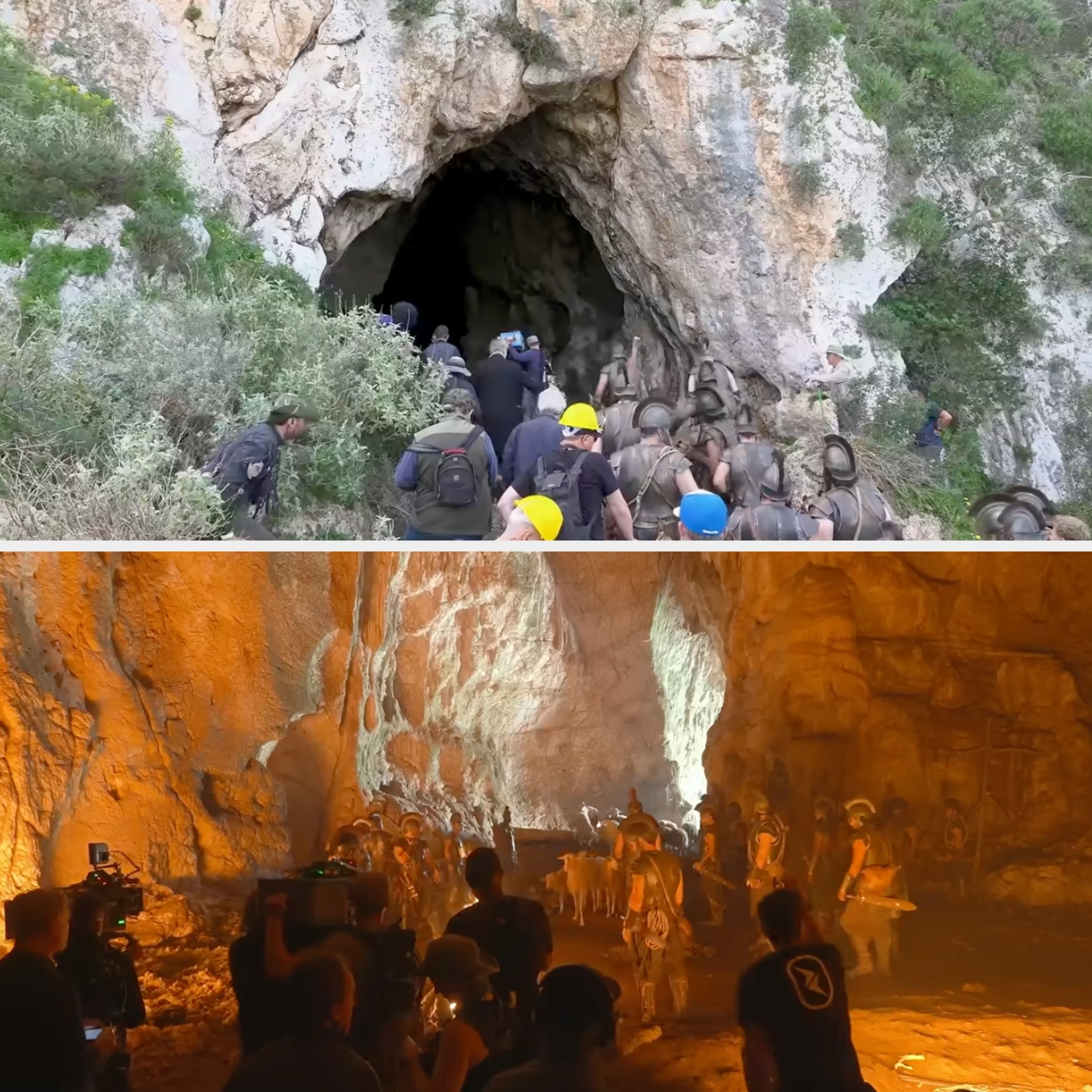 People exploring a large cave; groups seen entering and inside with cameras and safety gear