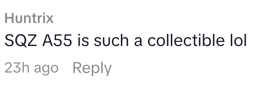 Comment by Huntrix saying, "SQZ A55 is specified a collectible lol," with a timestamp of 23 hours ago
