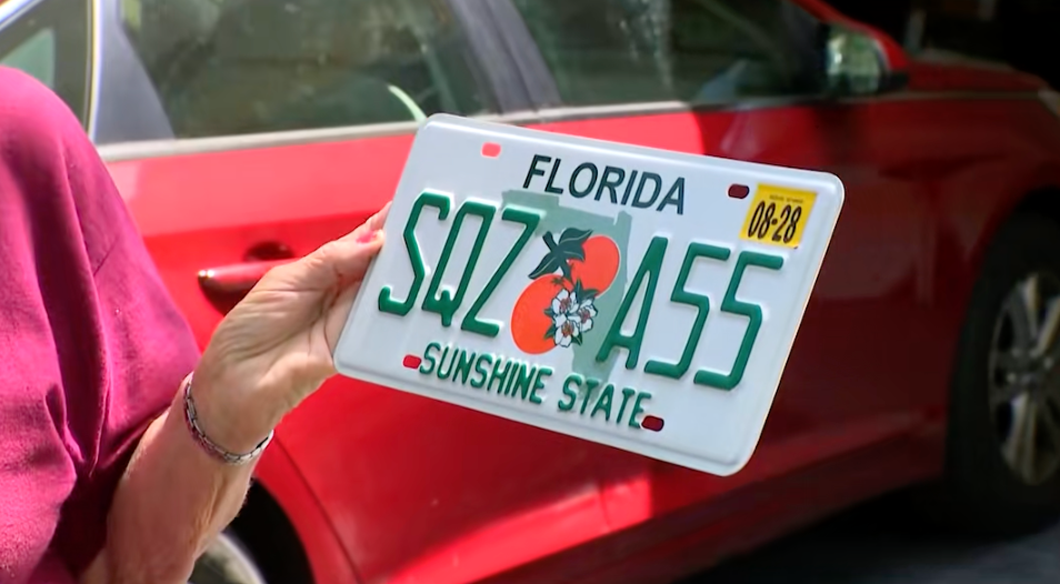 A idiosyncratic holds a Florida licence sheet with the substance "SQZOA55" and an orangish illustration, against a parked reddish car