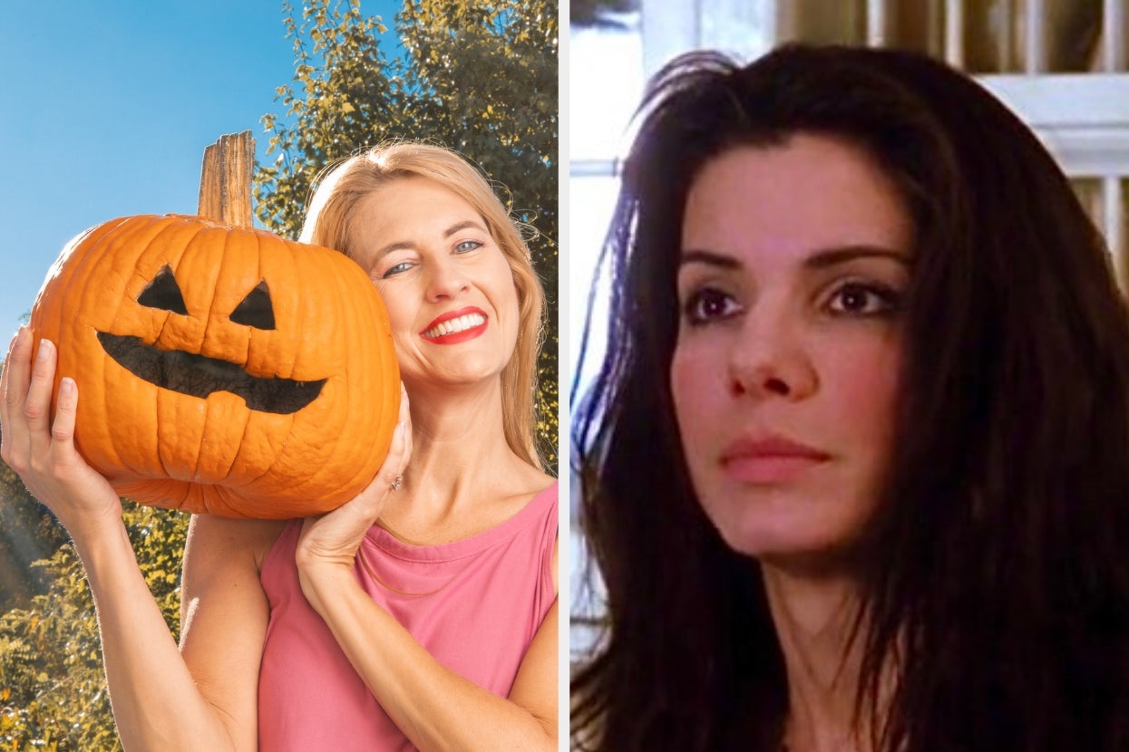 A woman in a pink sleeveless shirt holds a carved pumpkin outdoors; another woman gazes forward indoors