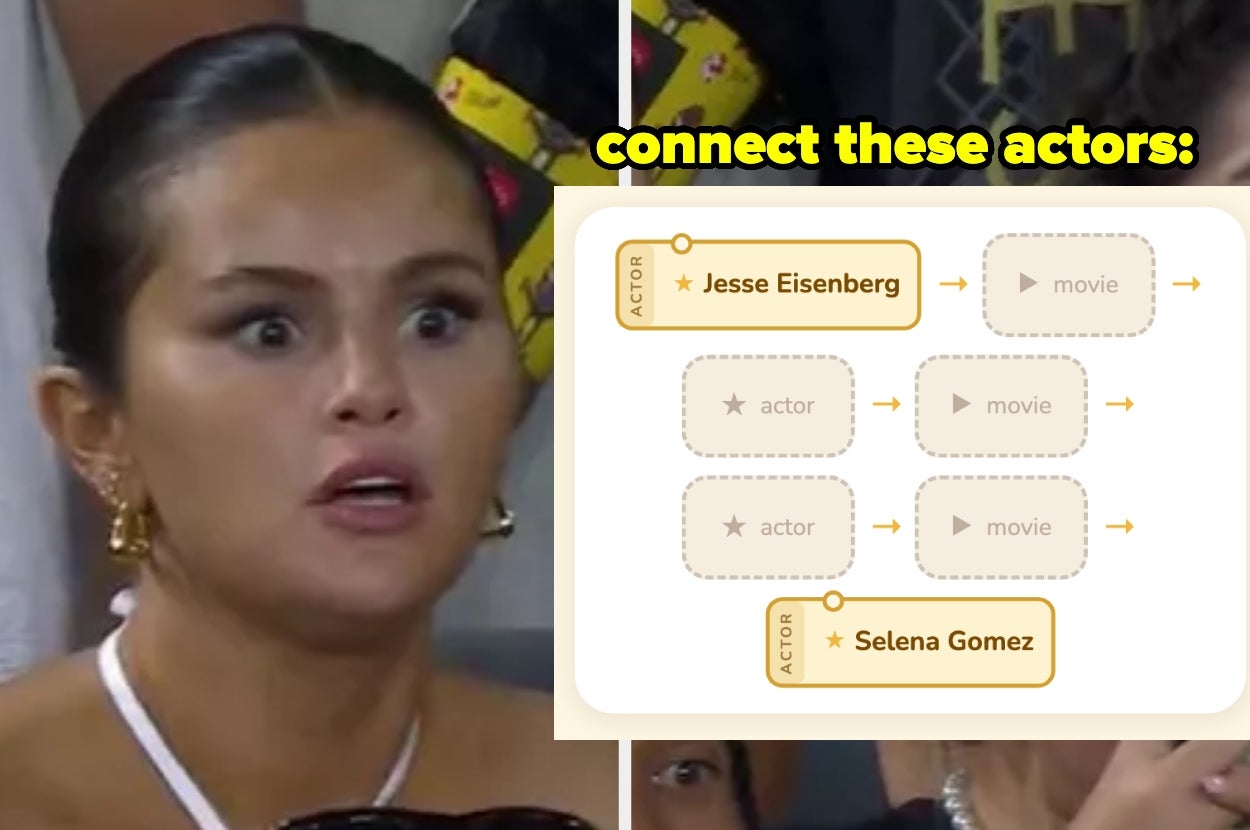 Person looking surprised, with a diagram titled "connect these actors," featuring Jesse Eisenberg and Selena Gomez with connecting lines