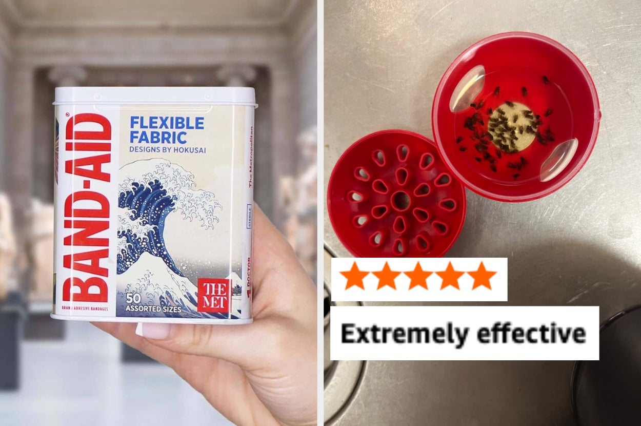 Left: Hand holds a box of Band-Aid bandages with wave art. Right: Bug trap with insects inside, labeled "Extremely effective" with five stars