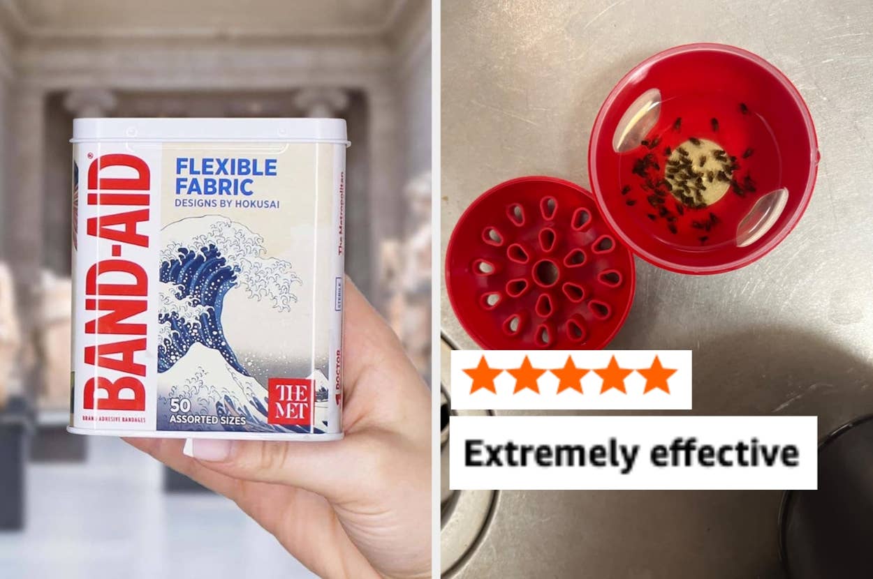 Left: Hand holds a box of Band-Aid bandages with wave art. Right: Bug trap with insects inside, labeled "Extremely effective" with five stars