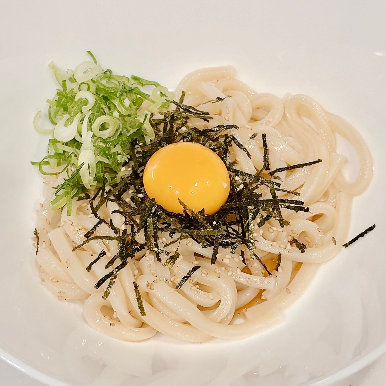 器に入ったうどんの上に卵黄、刻み海苔、ネギがトッピングされています。