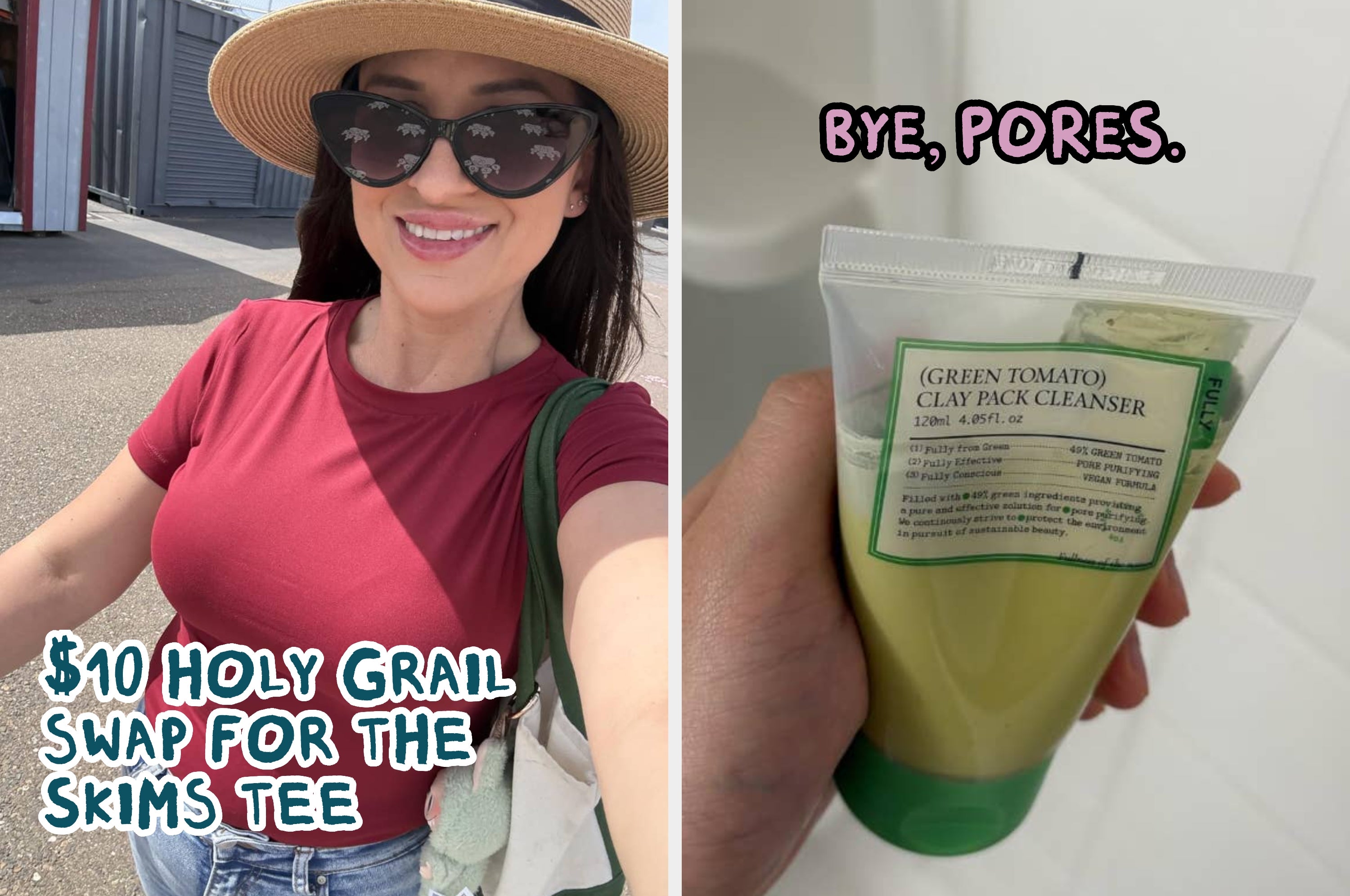 Woman in a casual hat and sunglasses wearing a fitted tee. A hand holds a green tomato clay pack cleanser. Text promotes affordable skincare and fashion
