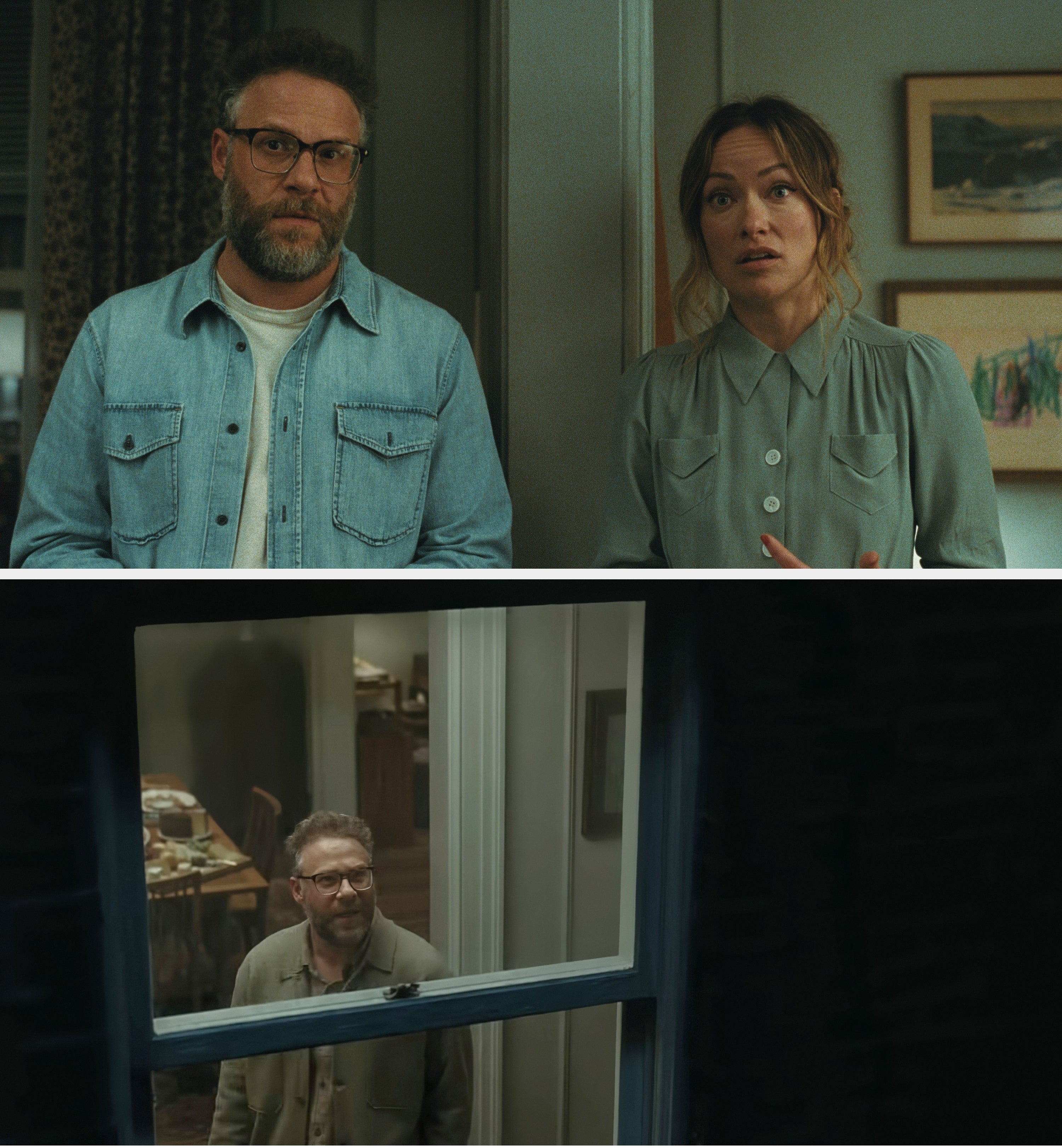 Two people stand indoors. The person on the left wears glasses and a denim jacket. The person on the right wears a button-up shirt