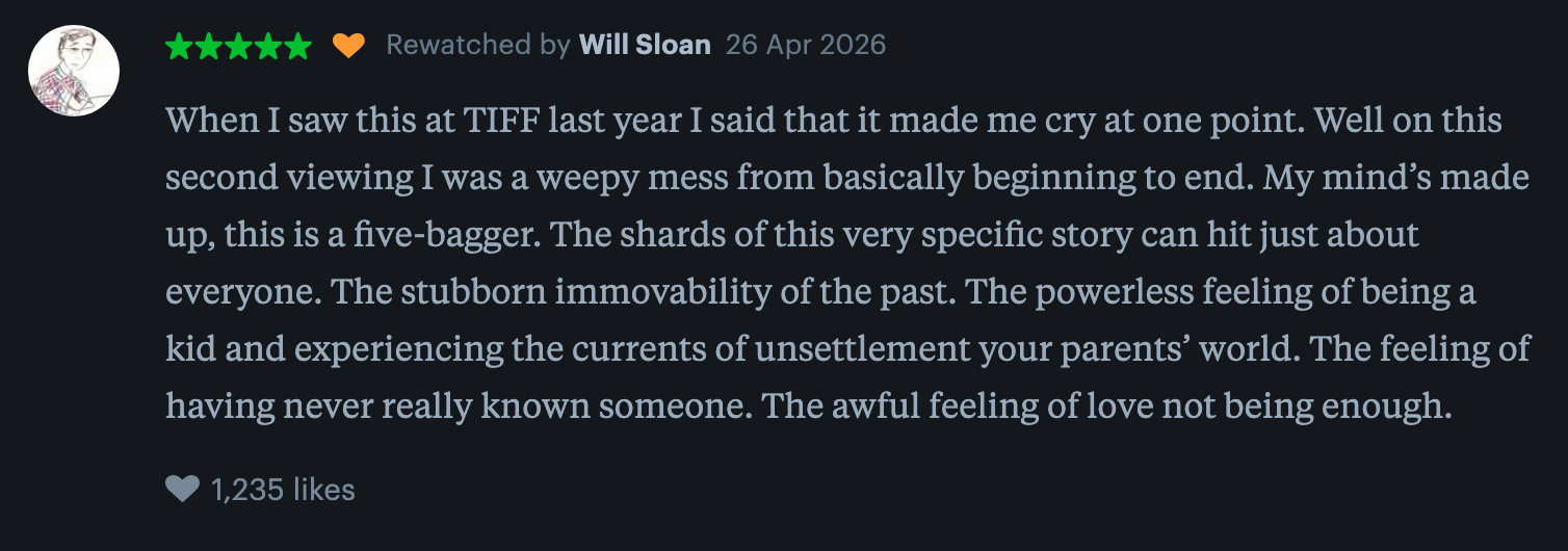 Review text about a film causing strong emotional reactions, describing themes of memory, parental impact, and feelings of inadequacy. 1,235 likes