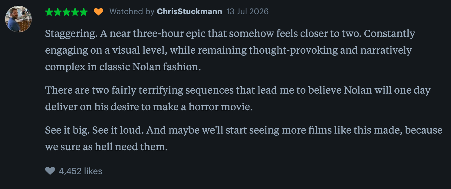 Summary of a positive movie review praising the film's engaging and thought-provoking narrative, with a note on two scary scenes