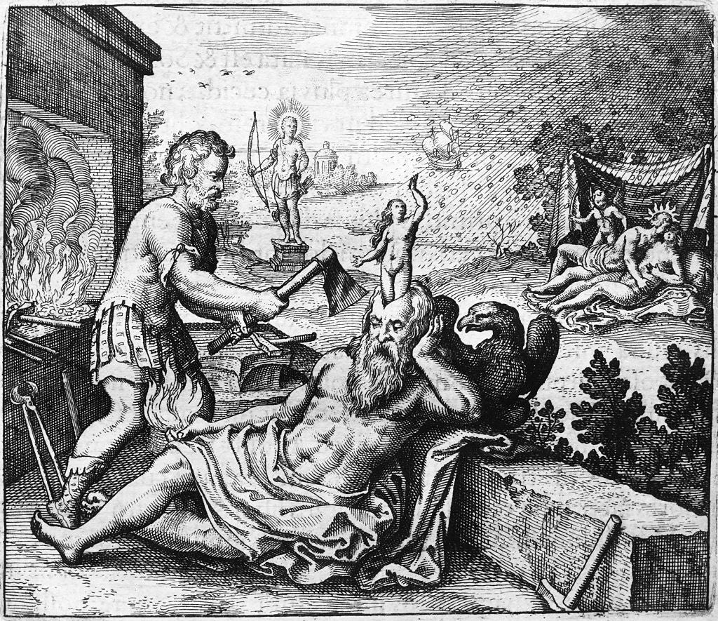 Mythological scene with Hephaestus wielding an axe, Zeus reclined, and Athena emerging from Zeus's head, with other figures in the background