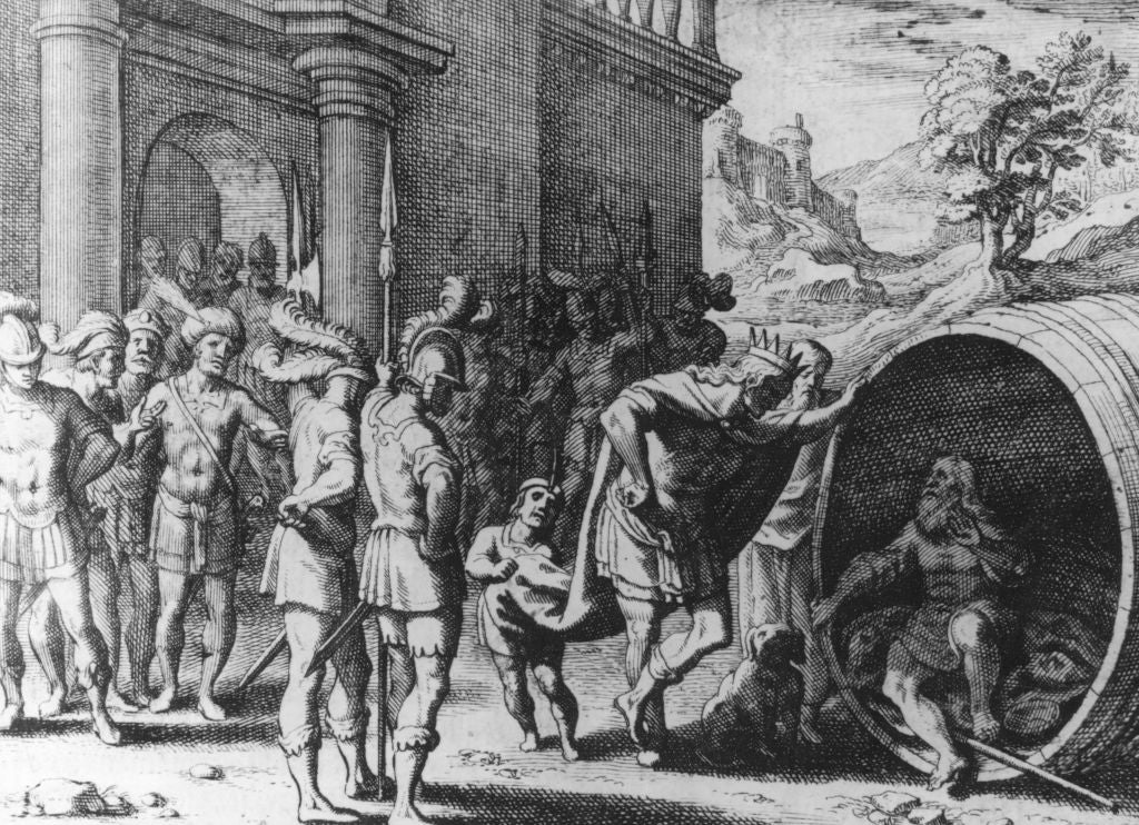 Ancient scene with a group of soldiers and a robed man approaching a bearded individual sitting inside a large barrel or tub