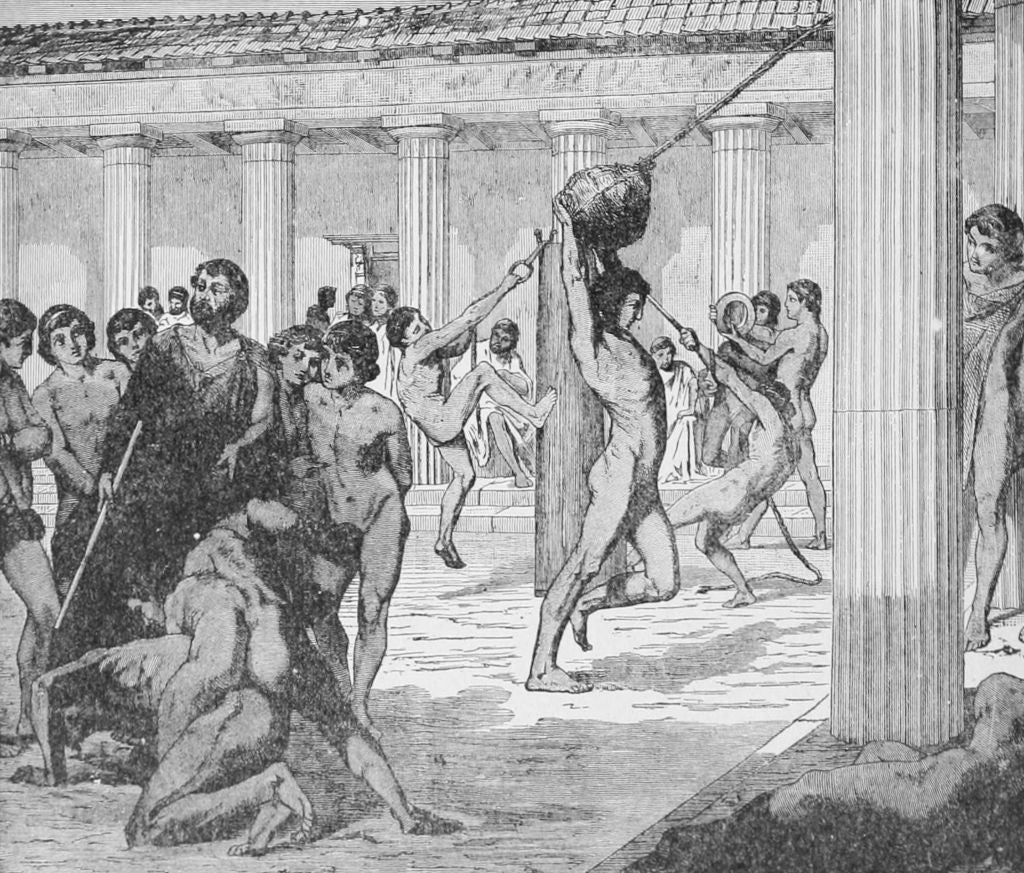 Ancient Greek athletic scene indoors, with athletes engaged in various exercises and a teacher observing