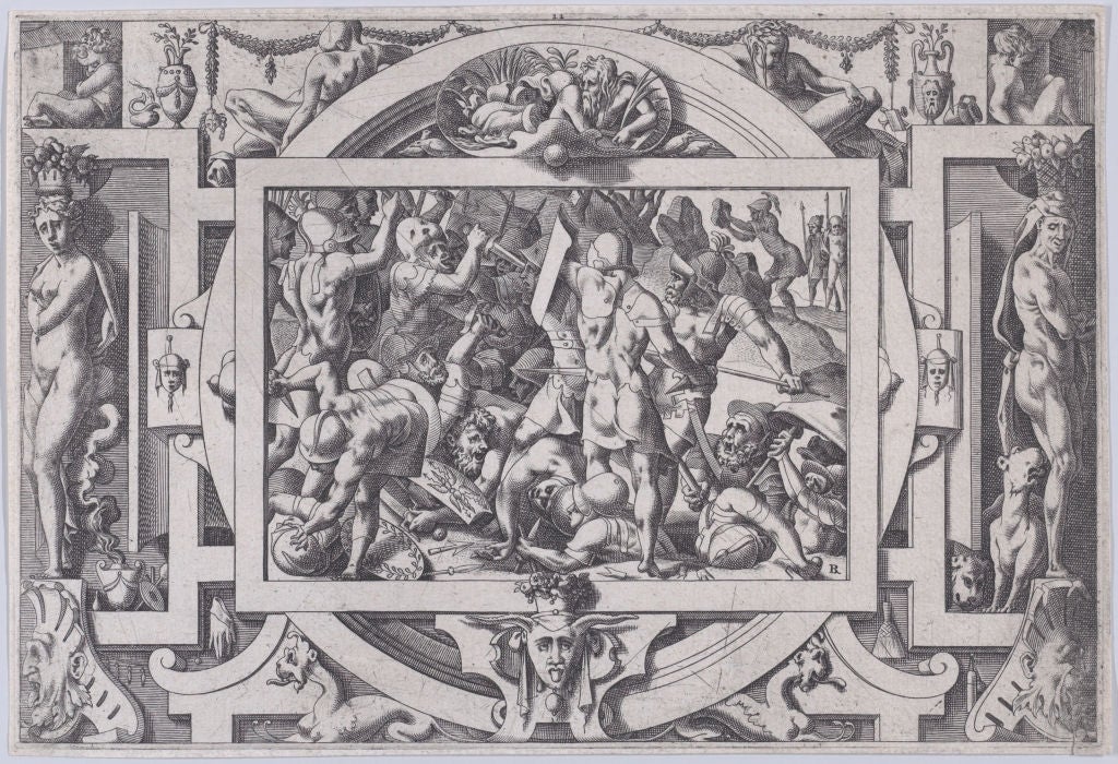 Intricate historical illustration featuring a chaotic battle scene surrounded by decorative figures and ornate patterns