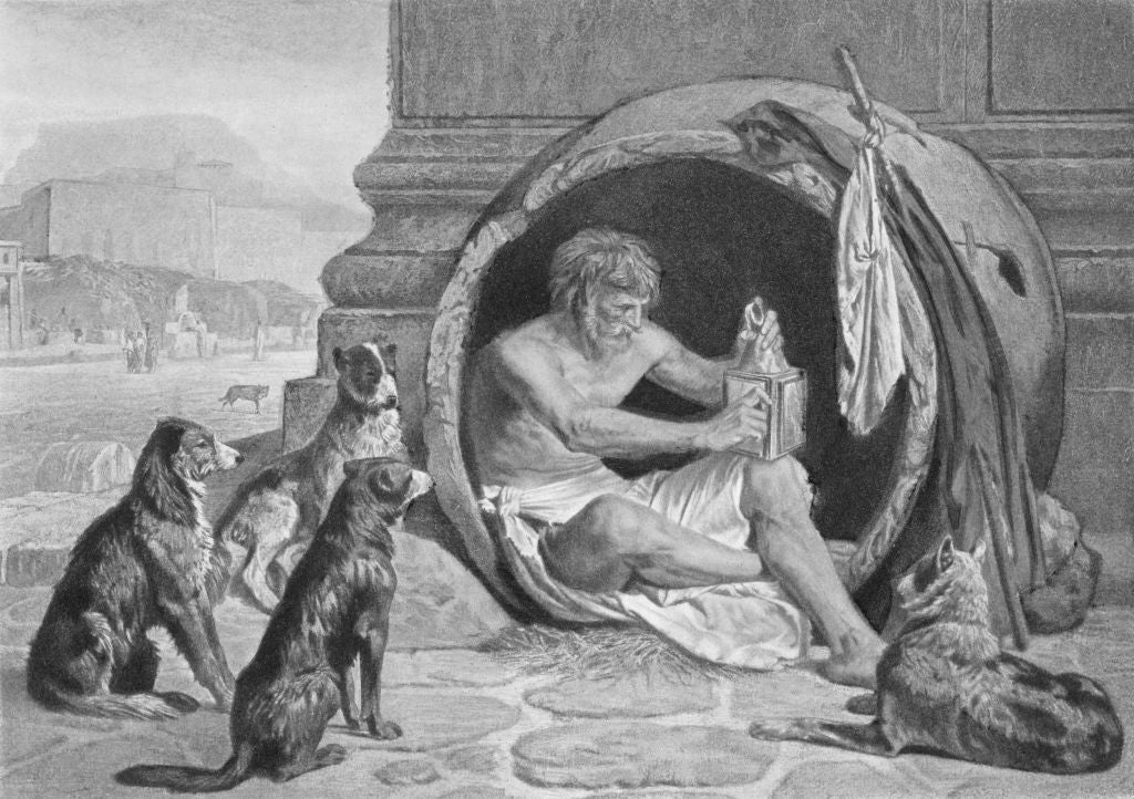 A man sits in a large barrel, surrounded by dogs, holding a lamp. Classical scene depicting a philosopher