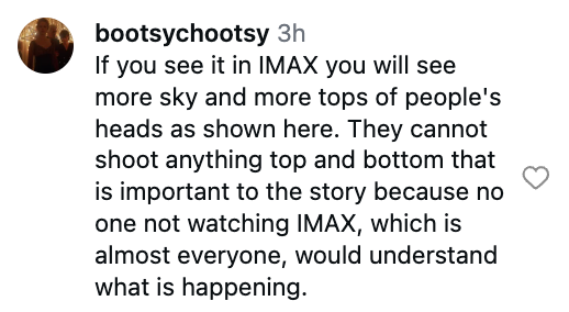 User comments on differences in viewing movies in IMAX, noting more sky and tops of people's heads are visible, affecting story comprehension