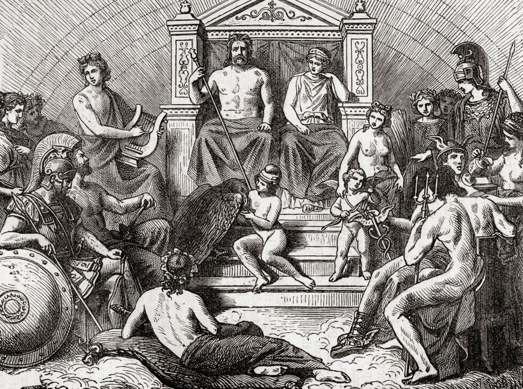 Ancient Greek gods and goddesses sit and stand around a throne, showcasing mythical figures in a classical setting, with Zeus at the center