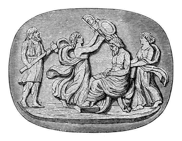Ancient Greek-style engraving depicting a scene with four figures, including a central seated figure being presented with an object