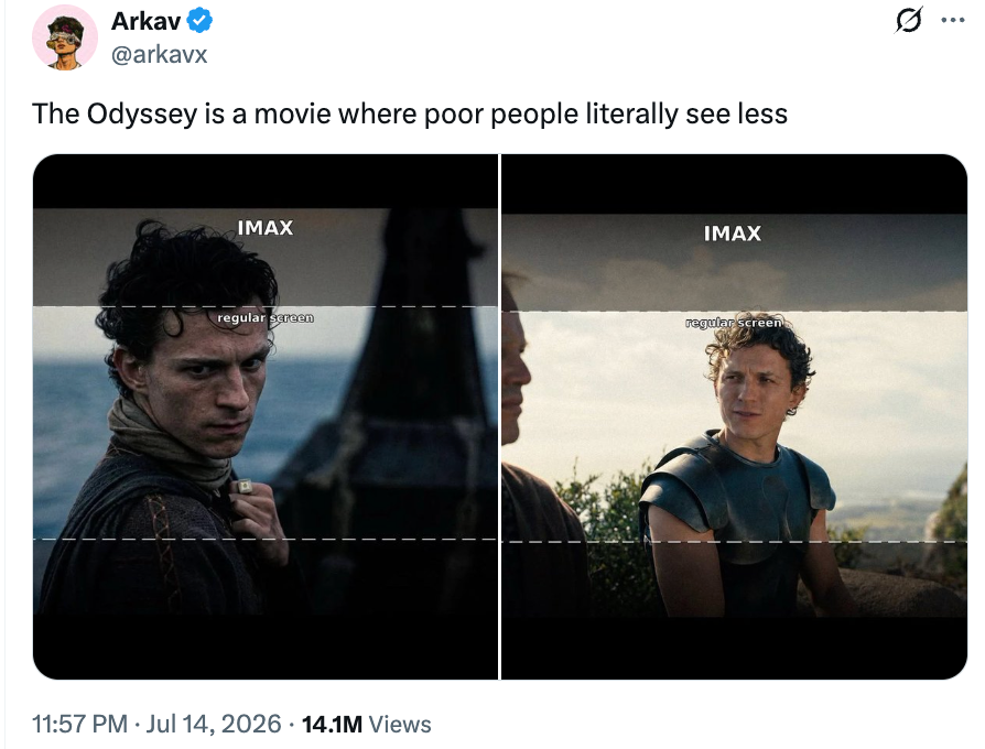 Image comparing IMAX and regular screens in "The Odyssey" movie, highlighting how much more is seen in IMAX. Tweet by @arkavx