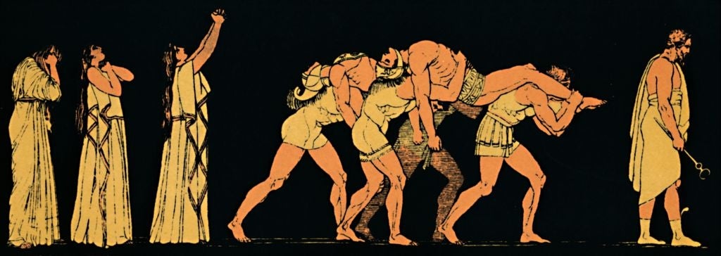 Ancient Greek-style illustration depicting stages of a man's life from youth to old age, showing transitions in clothing and posture