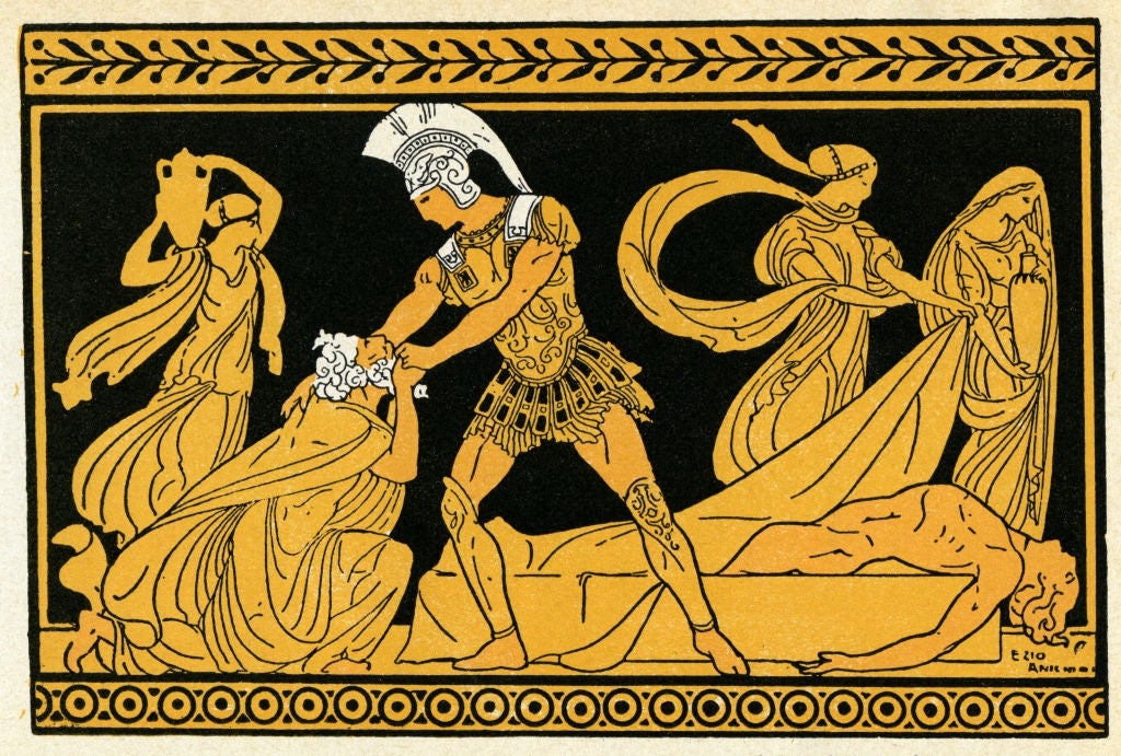 Ancient Greek vase-style illustration showing warriors in ornate armor and flowing garments in a dramatic scene, possibly a battle or mythological event