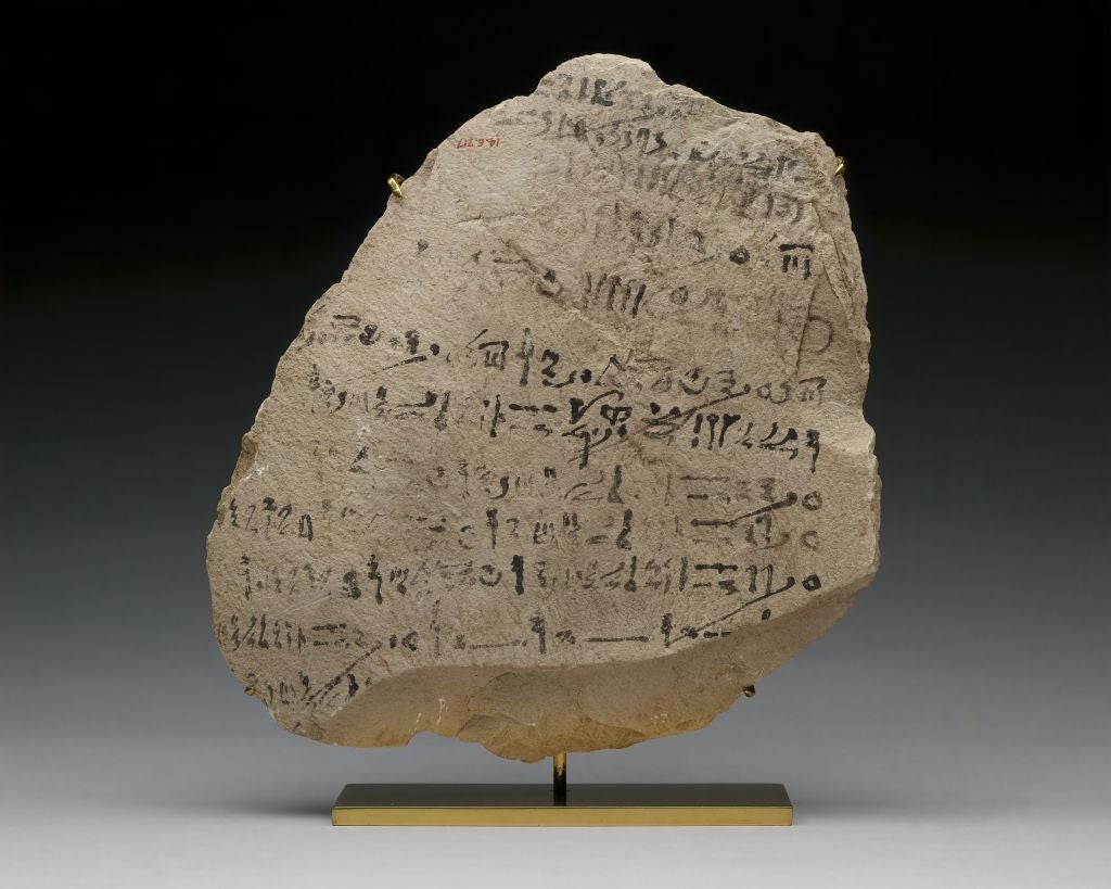 Ancient stone tablet with hieroglyphic inscriptions on a museum-style stand