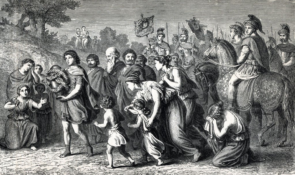 A historical illustration depicts a group of people walking, some in distress, with soldiers on horseback leading them