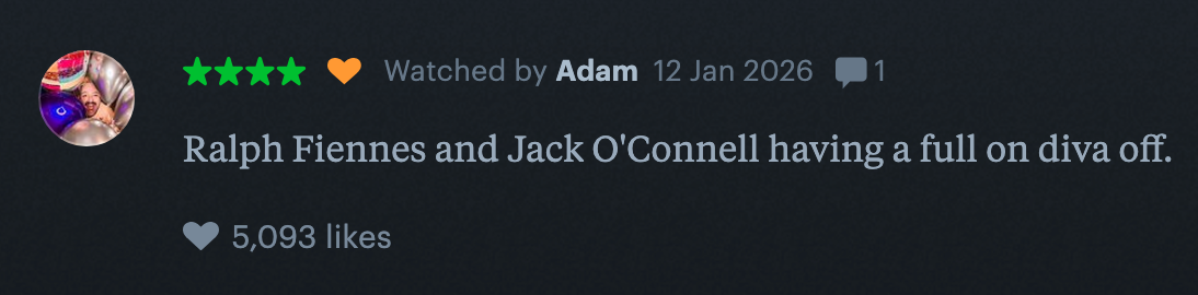 Comment by a user watched on 12 Jan 2026: "Ralph Fiennes and Jack O’Connell having a full on diva off." 5,093 likes