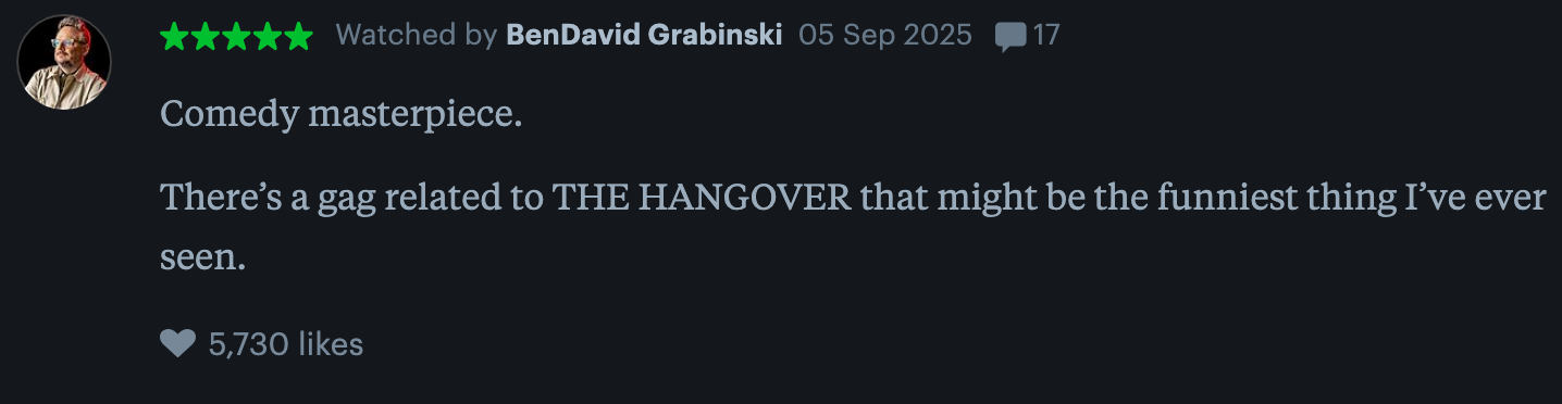 A review praising a comedy as a masterpiece, highlighting a gag related to "The Hangover" as extremely funny, with 5,730 likes