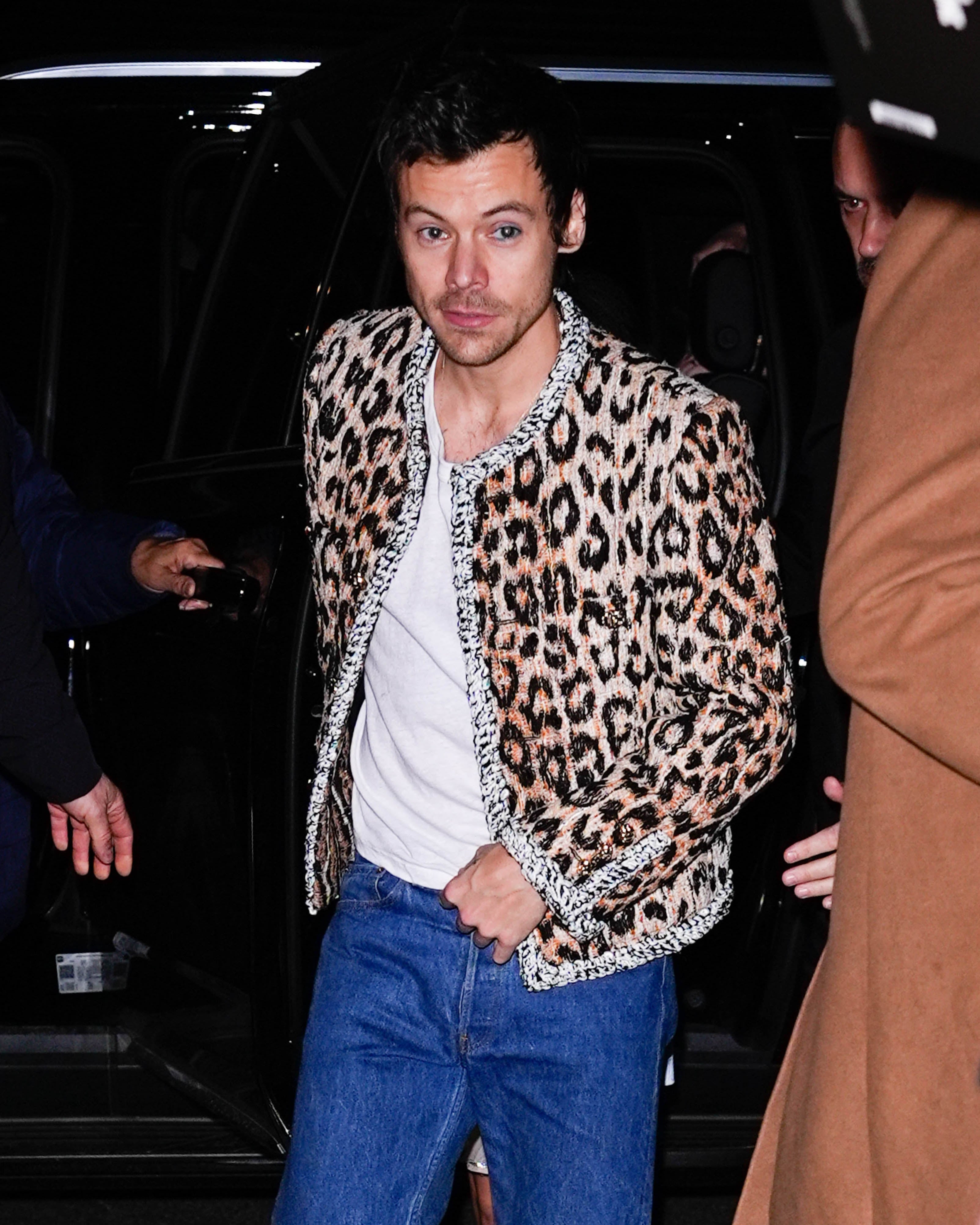 Harry Styles wearing a leopard-print jacket and jeans, stepping out of a car at a celebrity event