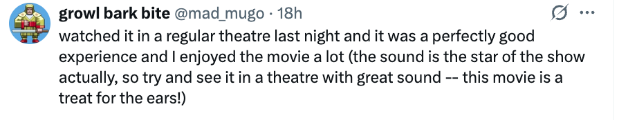 Tweet praising a movie-watching experience in a theater, highlighting great sound as a key feature
