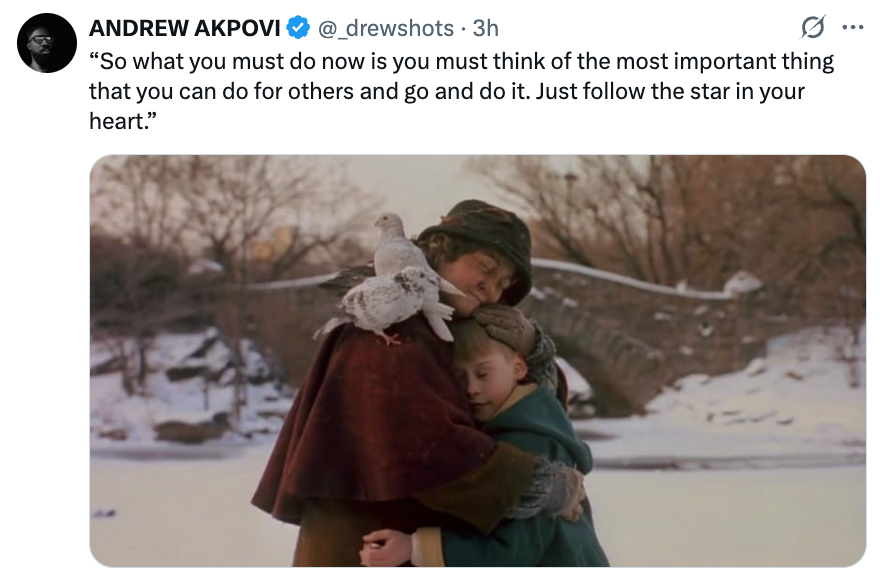 A person hugs a child outdoors in winter. A bird is perched on the person's shoulder. A quote about following your heart is displayed above the image