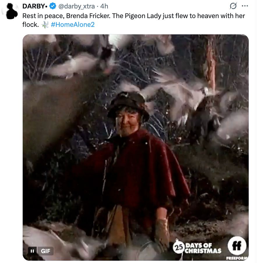 A person in a park is surrounded by pigeons, wearing a hat and coat. The social media post honors Brenda Fricker, the Pigeon Lady from Home Alone 2