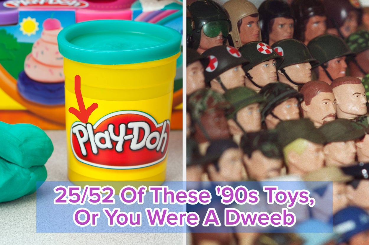A Play-Doh container next to a row of toy soldier figures with helmets