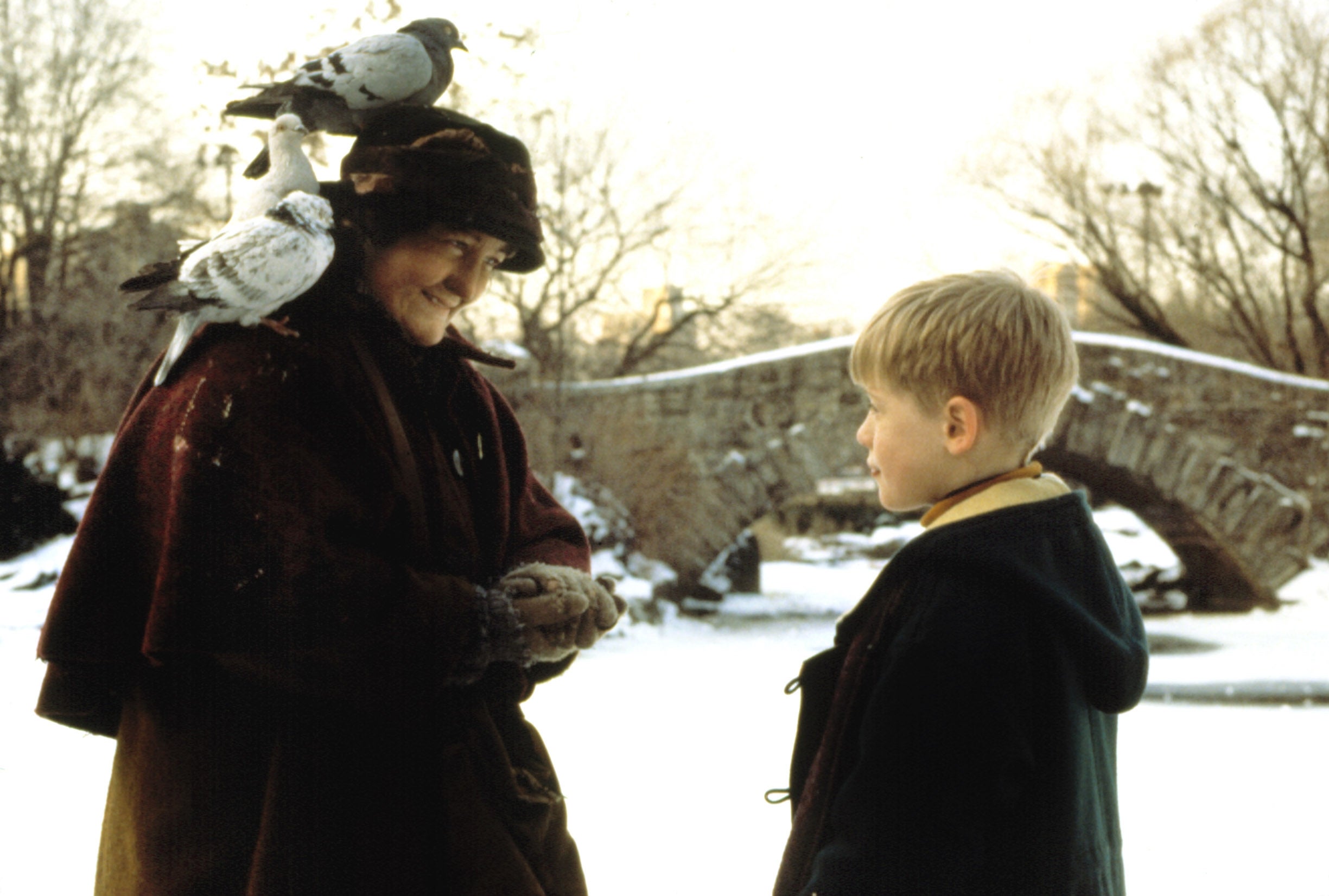  an elderly person covered in pigeons interacts with a young child on a snowy day in Central Park