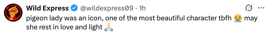 Tweet from Wild Express (@wildexpress09) remembering the 'pigeon lady' as an iconic character, hoping she rests in love and light