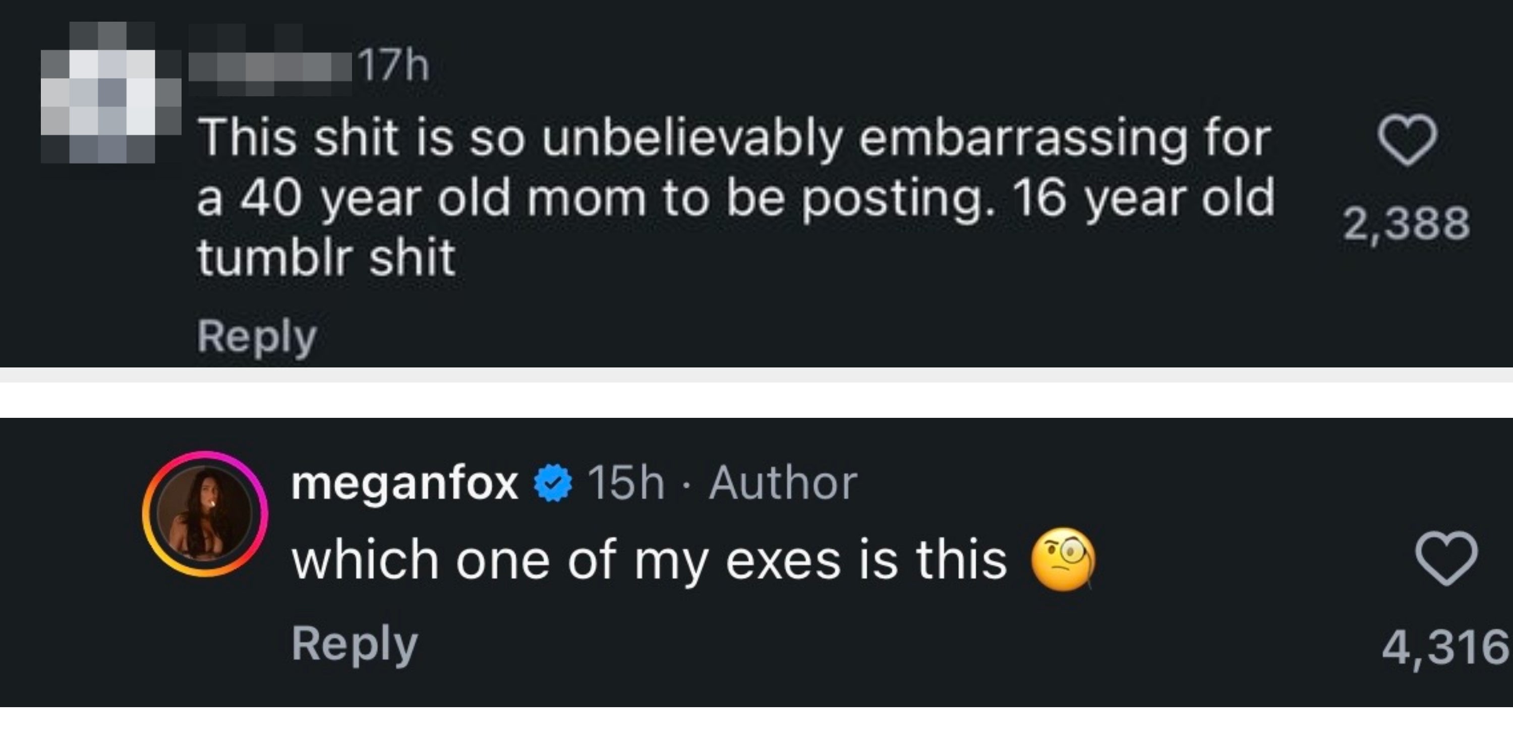 A societal  media remark  criticizing Megan Fox for posting contented  deemed immature, likening it to "16-year-old Tumblr" material