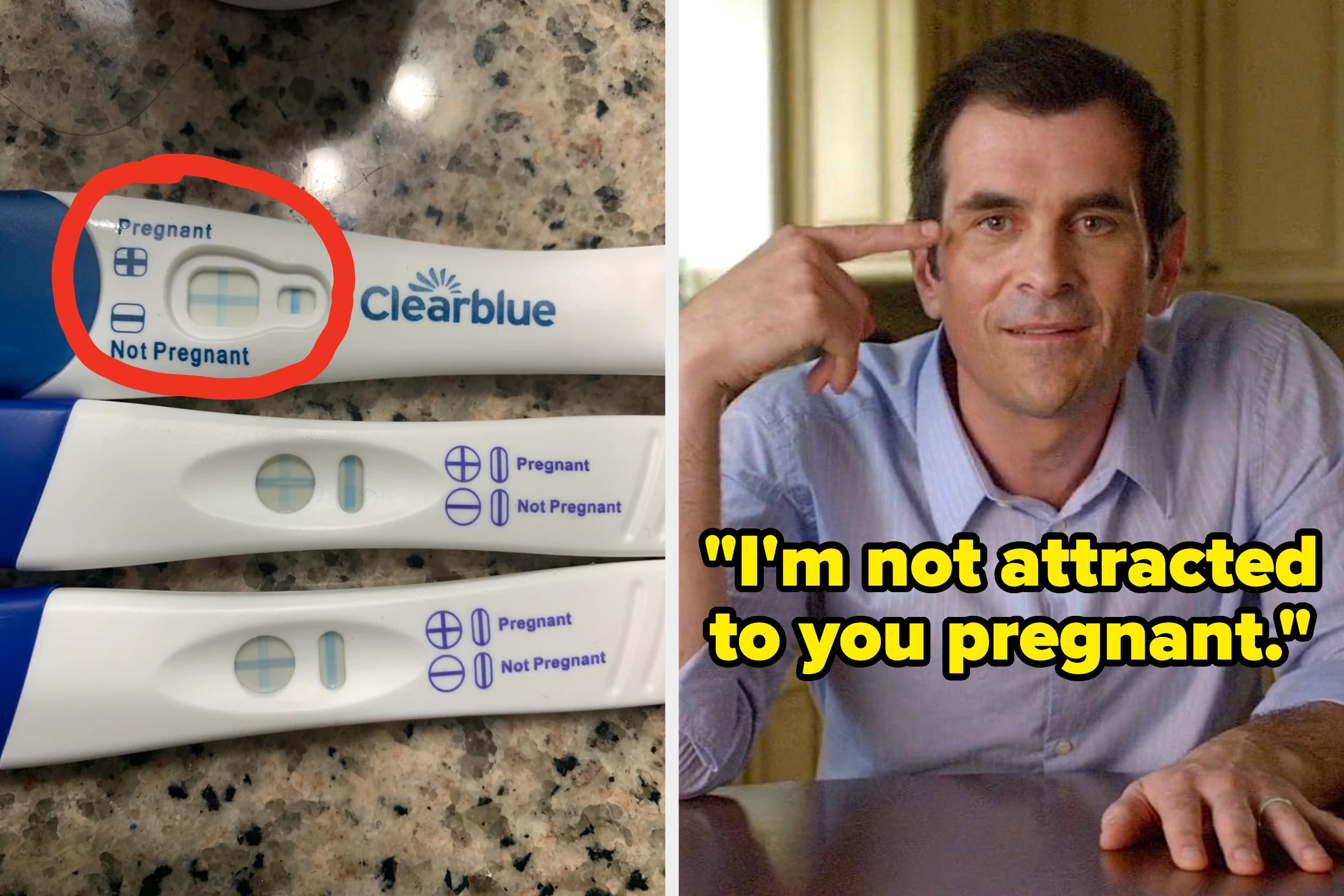 A collage with three negative pregnancy tests and a person gesturing to their head next to the caption, "I'm not attracted to you pregnant."