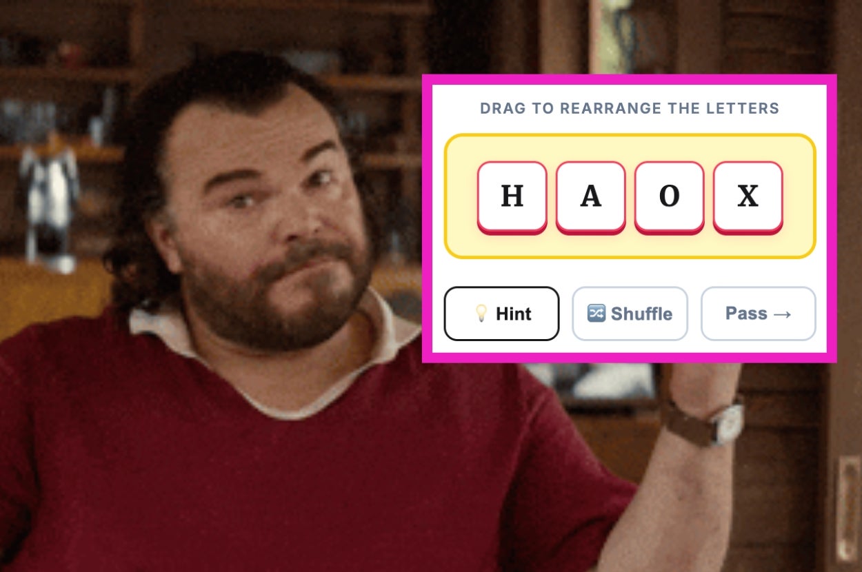 Person gesturing towards a word puzzle game interface with letters "H A O X," suggesting an anagram challenge