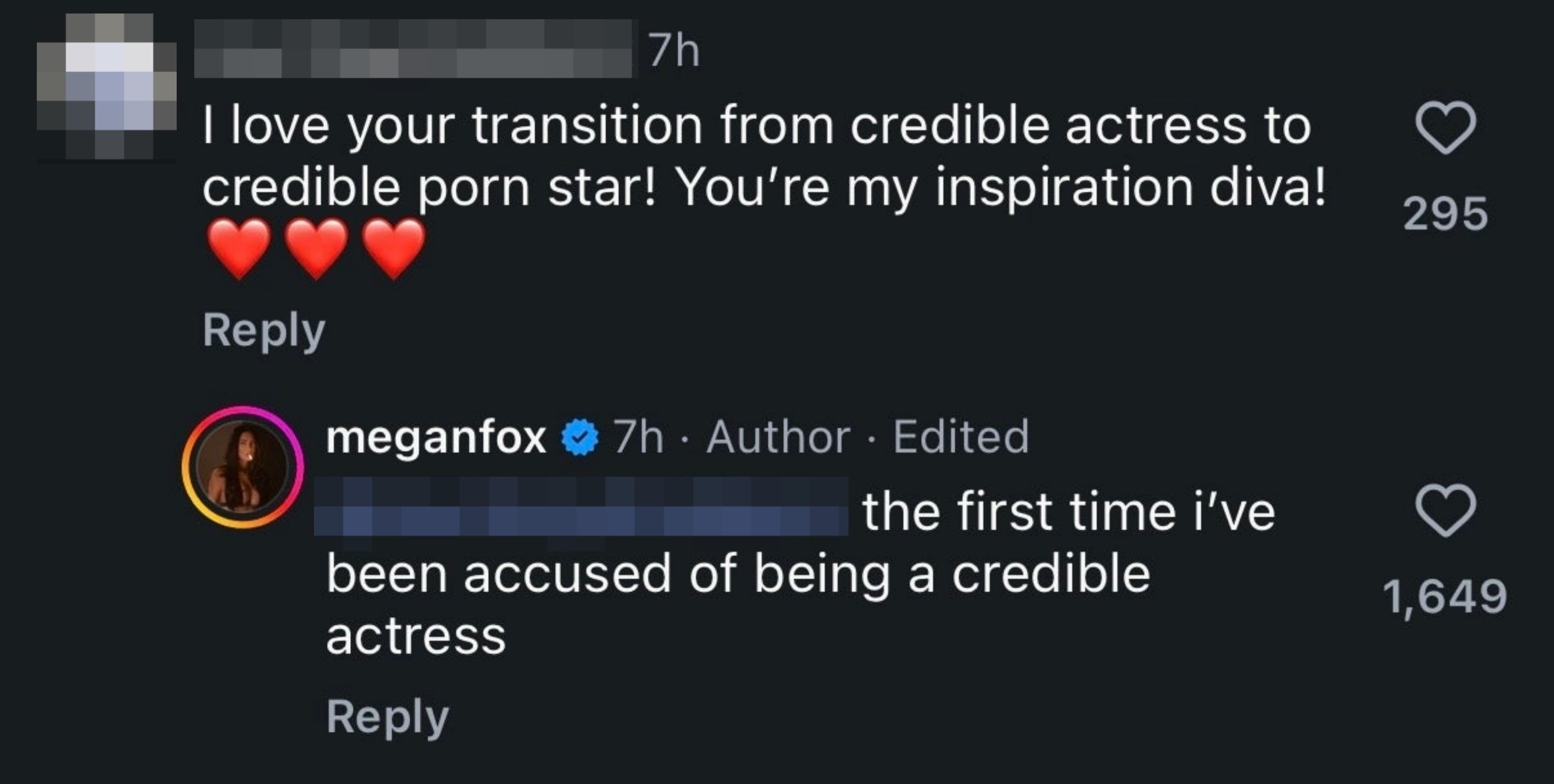 Screenshot of a societal  media speech   wherever  Megan Fox humorously responds to a remark  astir  her vocation  transition
