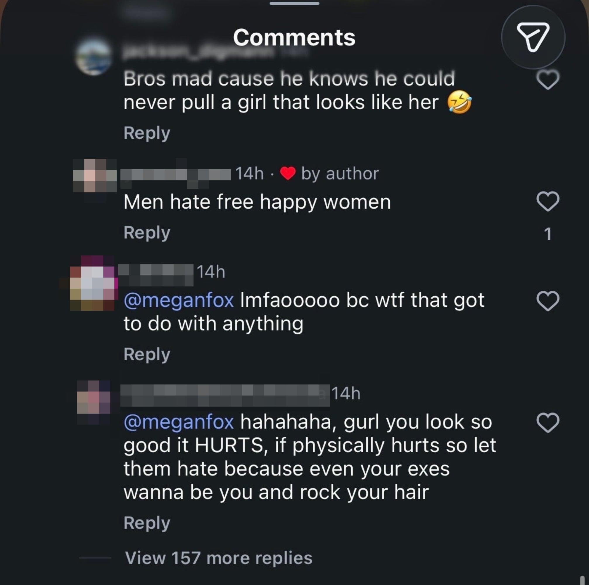 Comments discussing Megan Fox's quality  and dealing with online negativity, mentioning similarities and letting others' hatred  impact  them