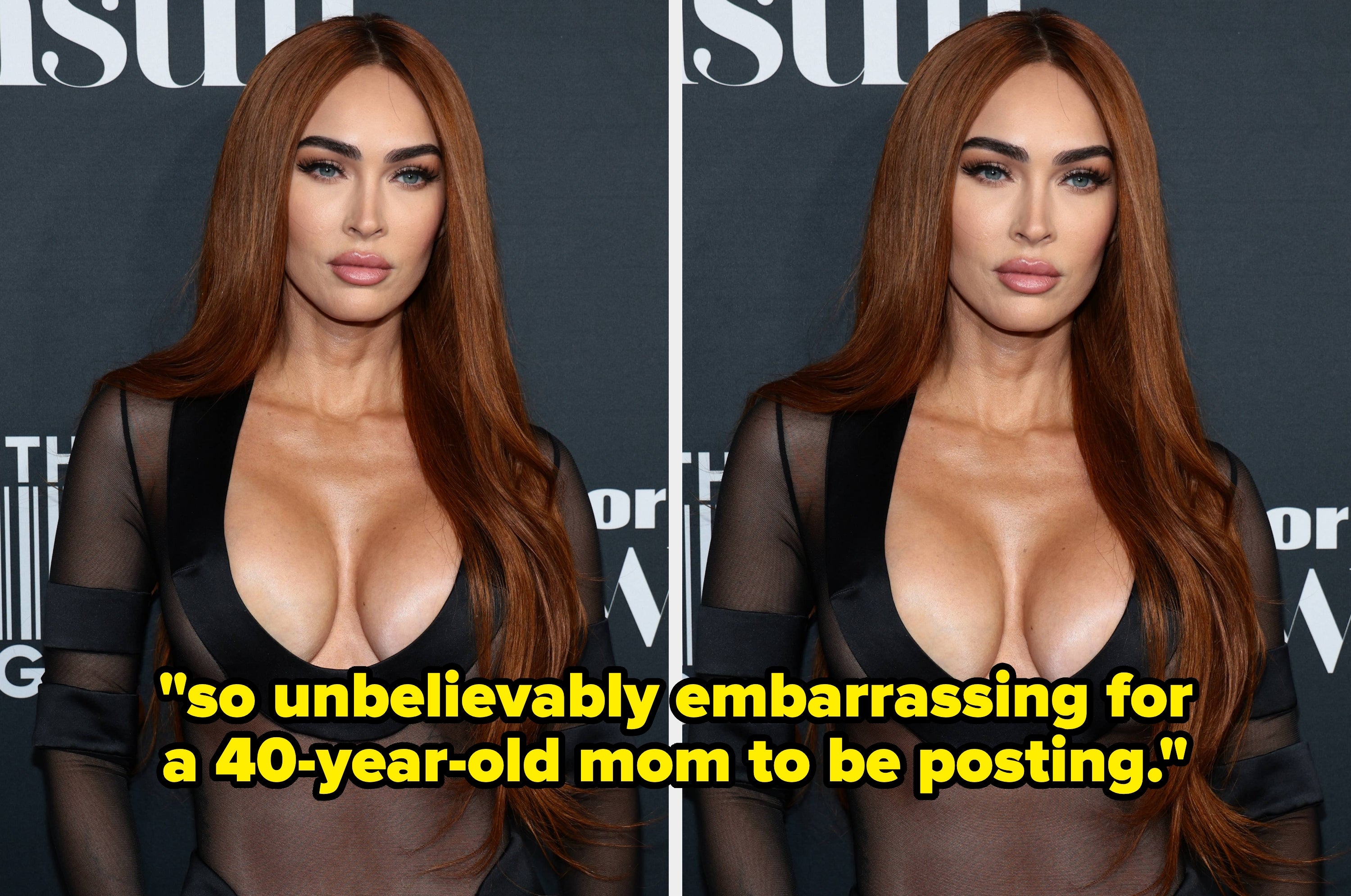Megan Fox in a sheer dress with a plunging neckline poses on a red carpet at a celebrity event