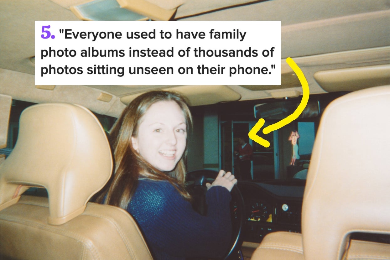 Person smiling while driving. Caption: "Everyone used to have family photo albums instead of thousands of photos sitting unseen on their phone."
