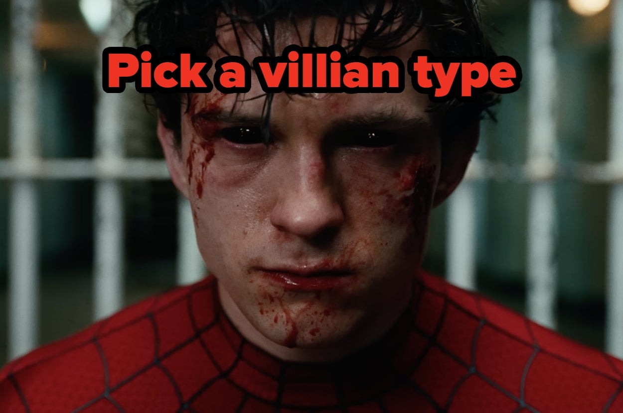 Tom Holland in a superhero costume with cuts and bruises, looking serious, with text saying "Pick a villain type."