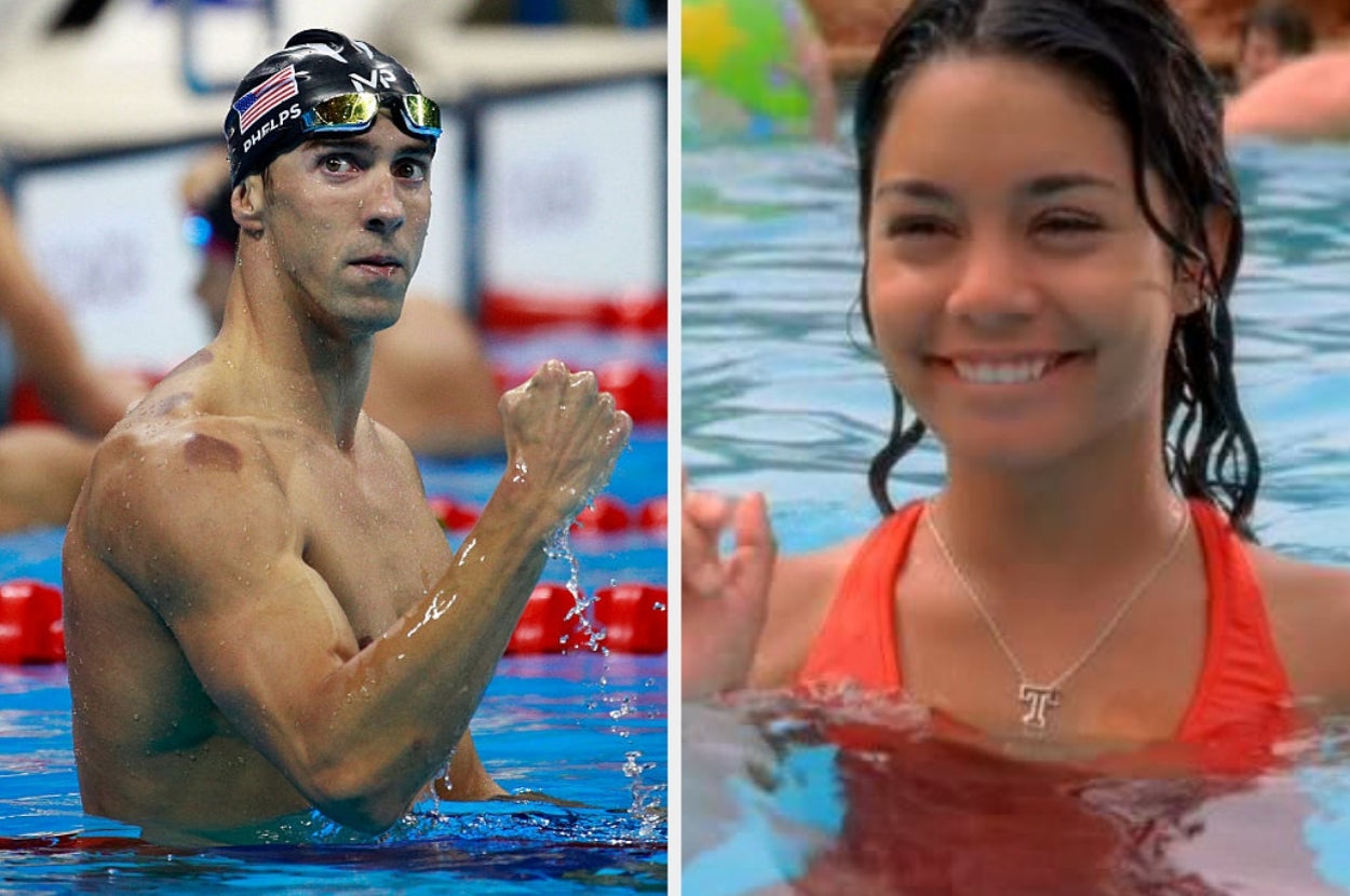 A swimmer celebrates a win in a pool with goggles and swim cap; another person smiles happily in a pool, wearing a necklace with a "T" pendant