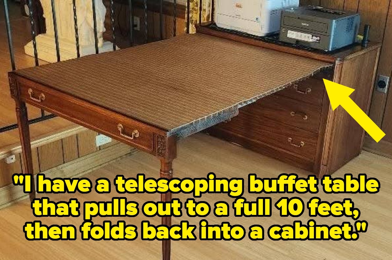 A telescoping buffet table extends to 10 feet and retracts into a cabinet