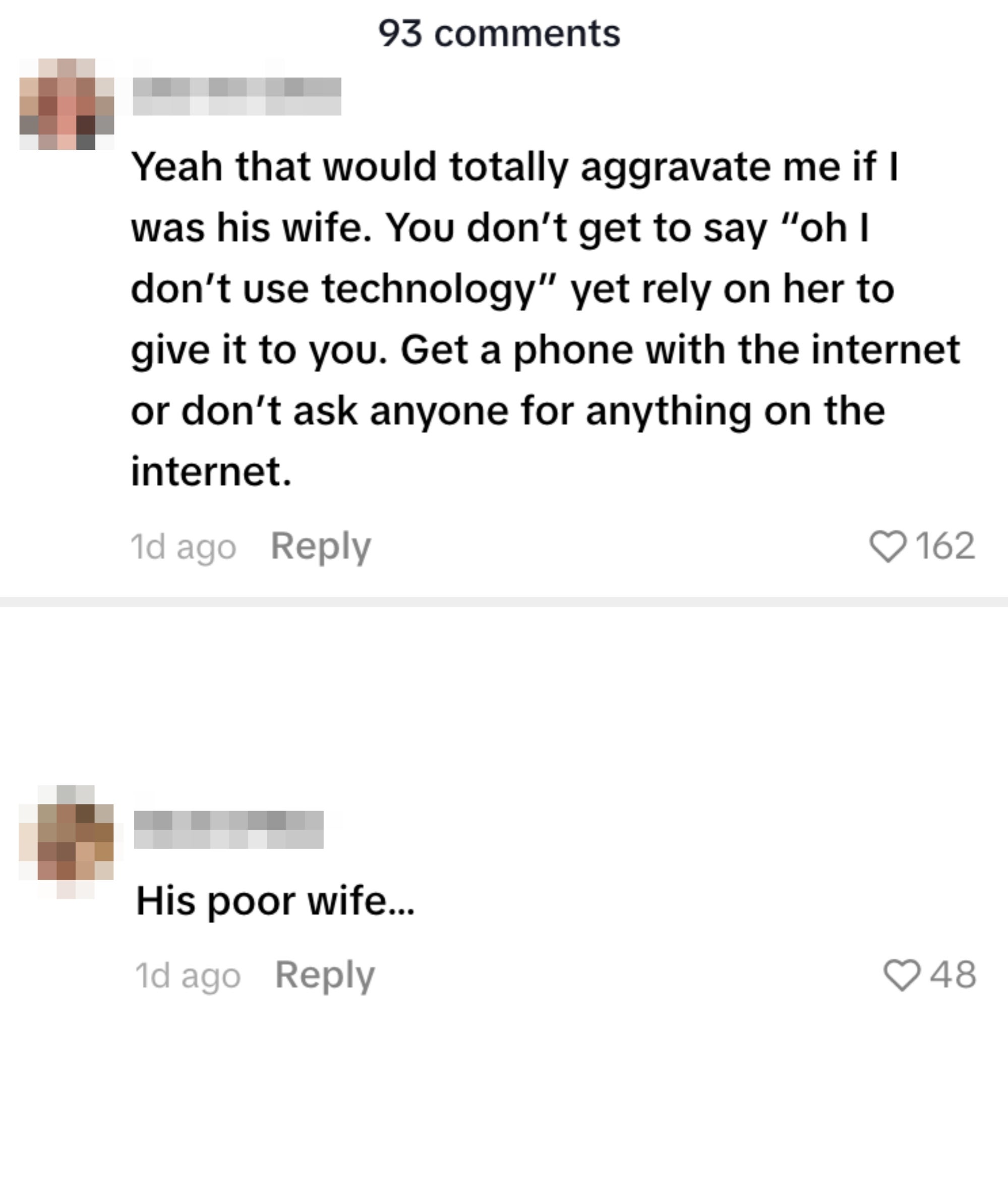 A comment expressing frustration about Aziz Ansari relying on his spouse for internet tasks despite claiming not to use technology