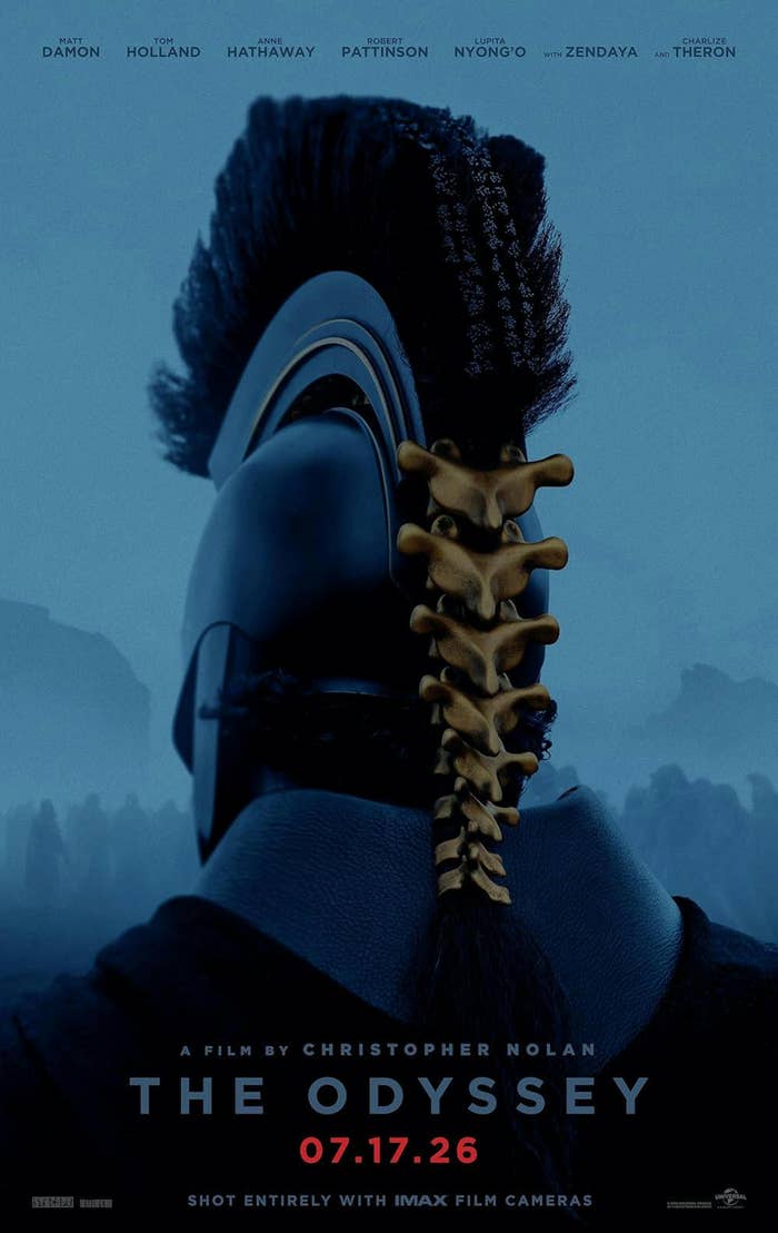 Movie poster for "The Odyssey," directed by Christopher Nolan, releasing on 07.17.26. Features a warrior in armor with a spinal detail helmet