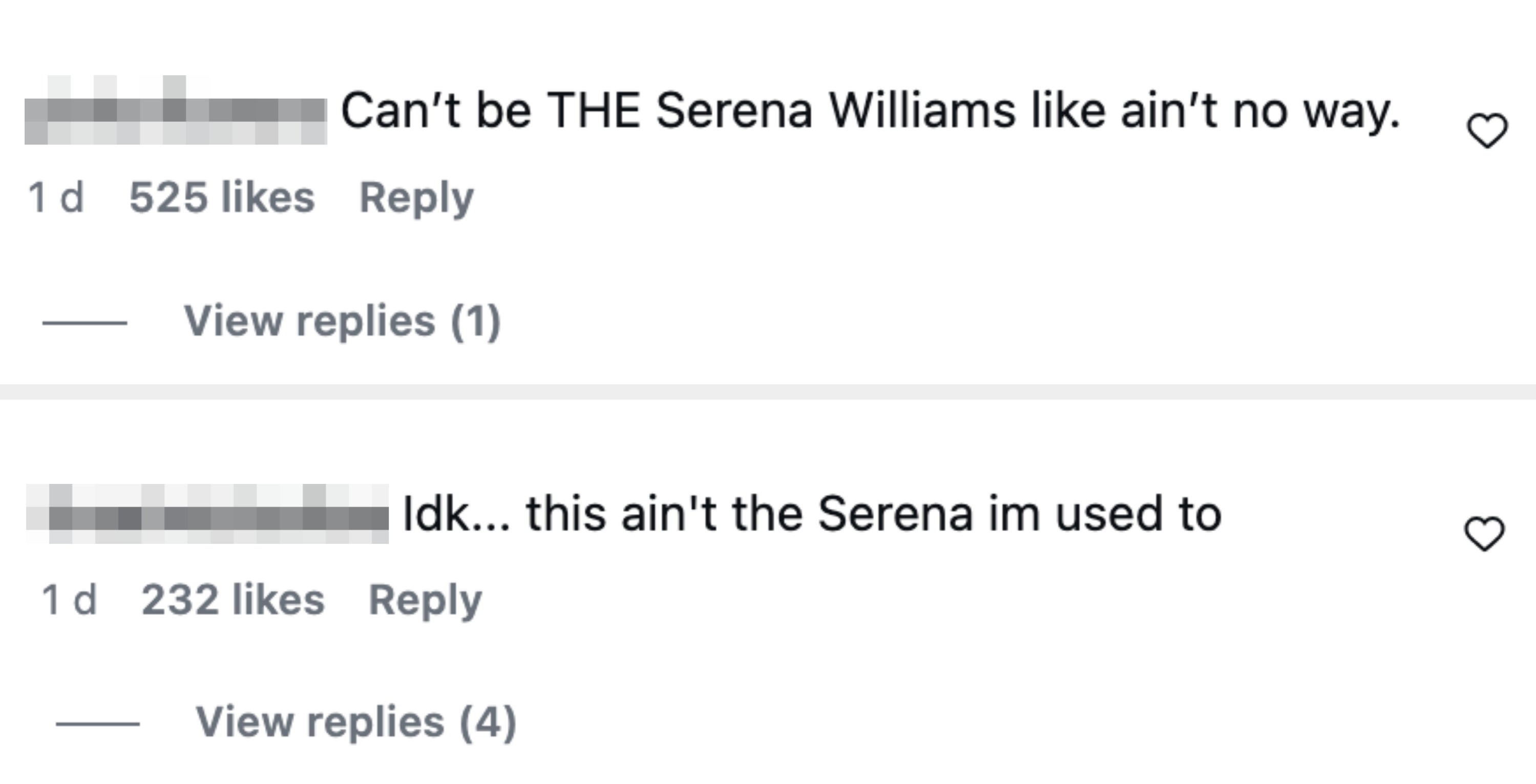 Comments discussing changes to Serena's appearance